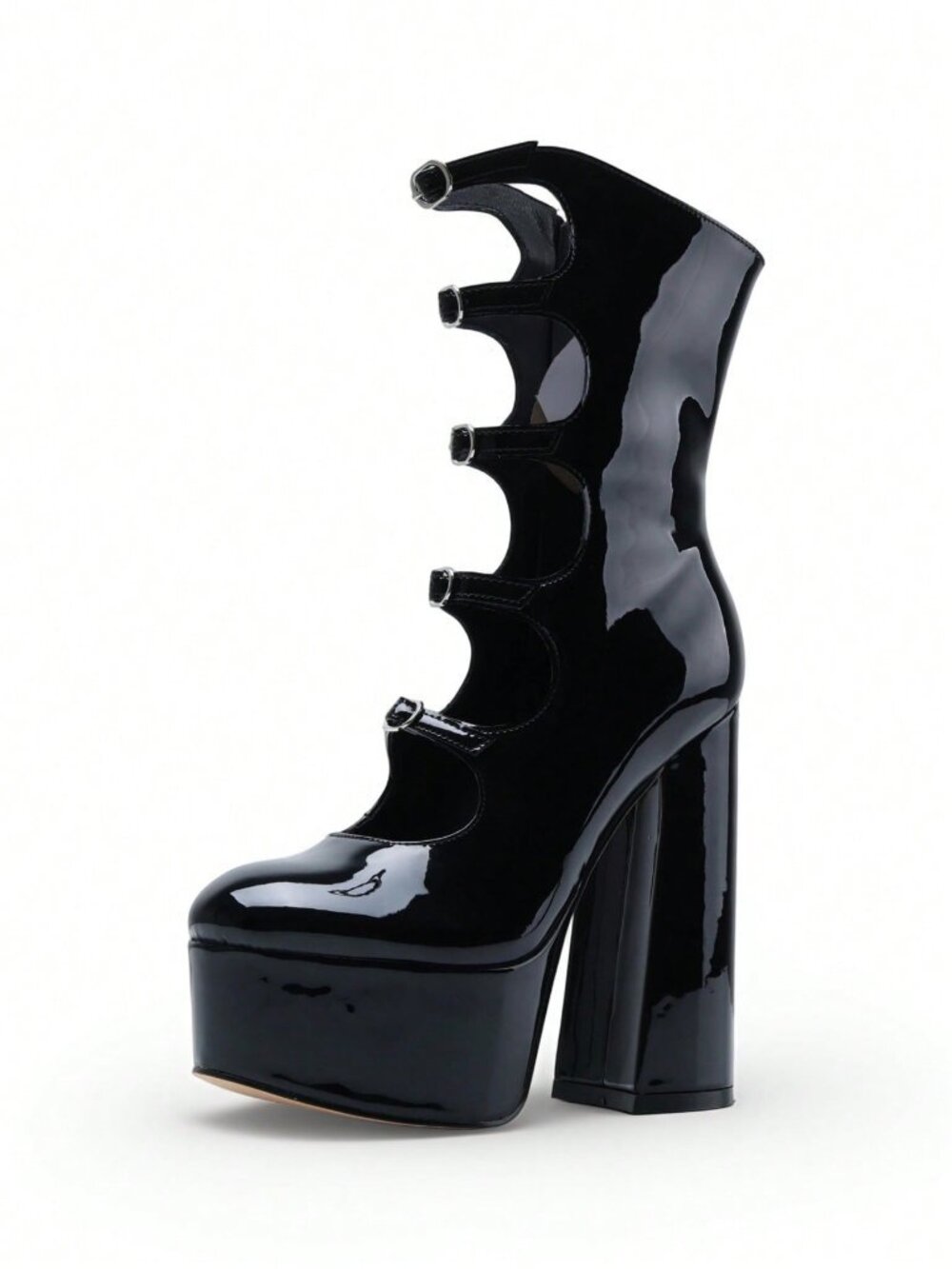 Black  Women's  Round Toe Cut-Out Platform Chunky Heel Buckle Straps Ankle Boots - Picture 7 of 7